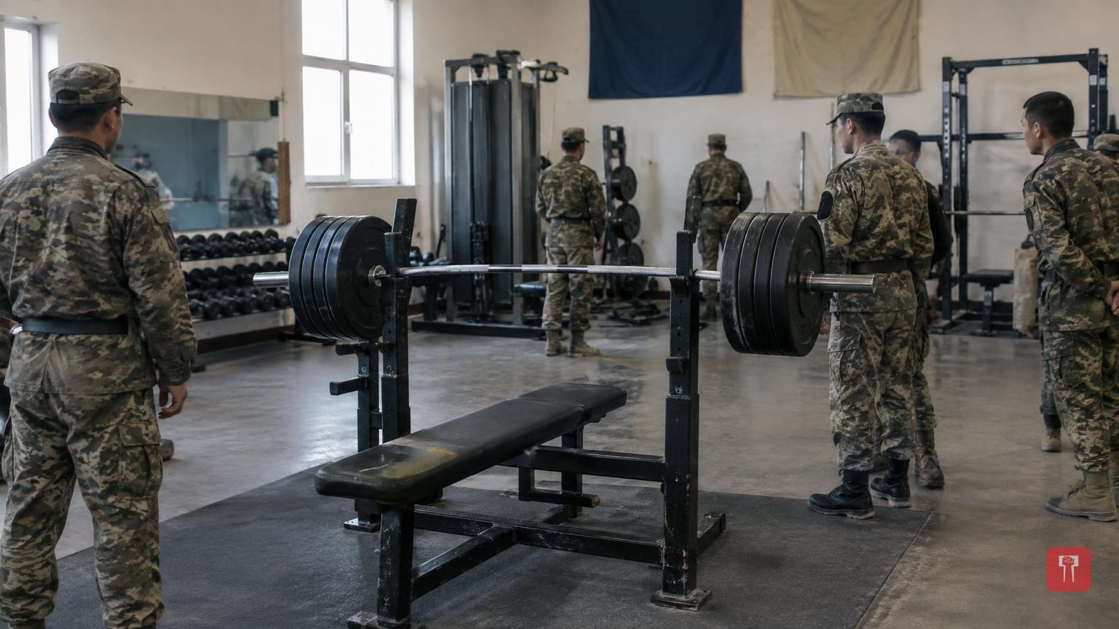 Mongolia's president does 20 bench presses of 100 kg in front of soldiers