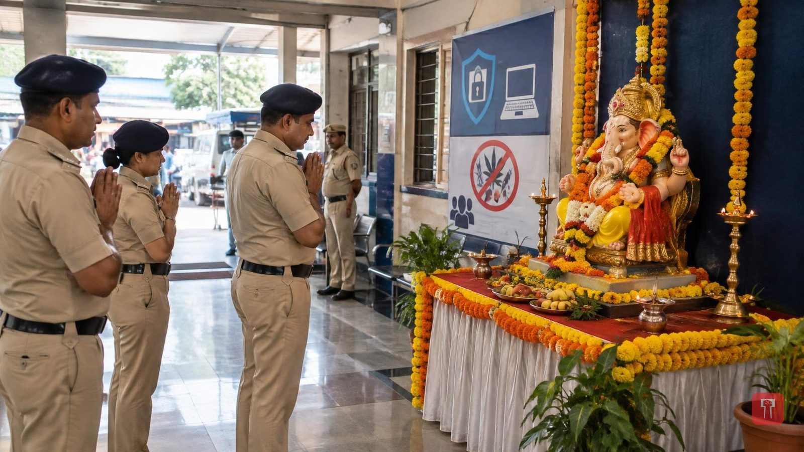एपीएमसी पोलीस ठाण्यातील बाप्पाचे पोलीस आयुक्तांकडून दर्शन; जनजागृती देखाव्याचे कौतुक