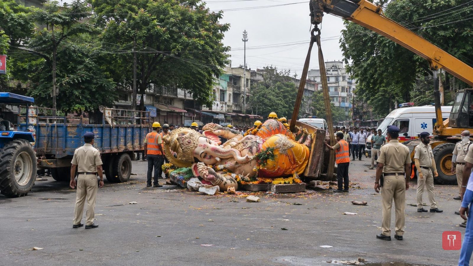 Kolhapur: 21-foot Ganesh idol falls after touching power line during immersion