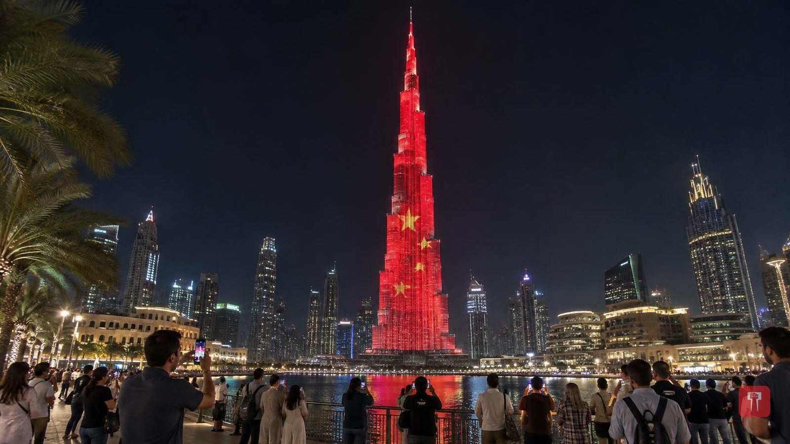 Burj Khalifa lit up in red for China's National Day with flag light show