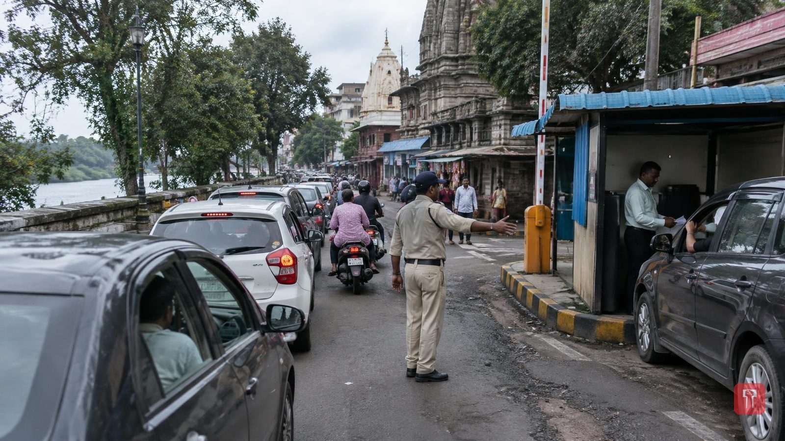 वाईच्या महागणपती घाटावर खासगी पार्किंगचा कारभार; वाहनांच्या रांगा, नगरपालिकेकडे अधिकृत पार्किंगची मागणी