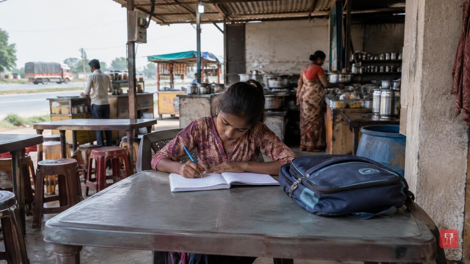 Girl studies in corner of family's roadside eatery at Vitthalwada as parents work