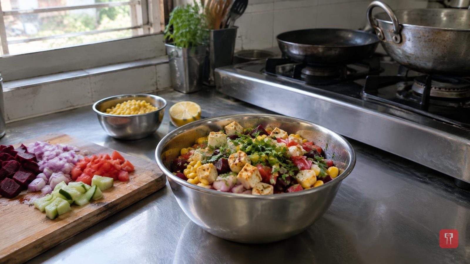 High-protein salad for breakfast: corn, paneer and vegetables make a healthy recipe